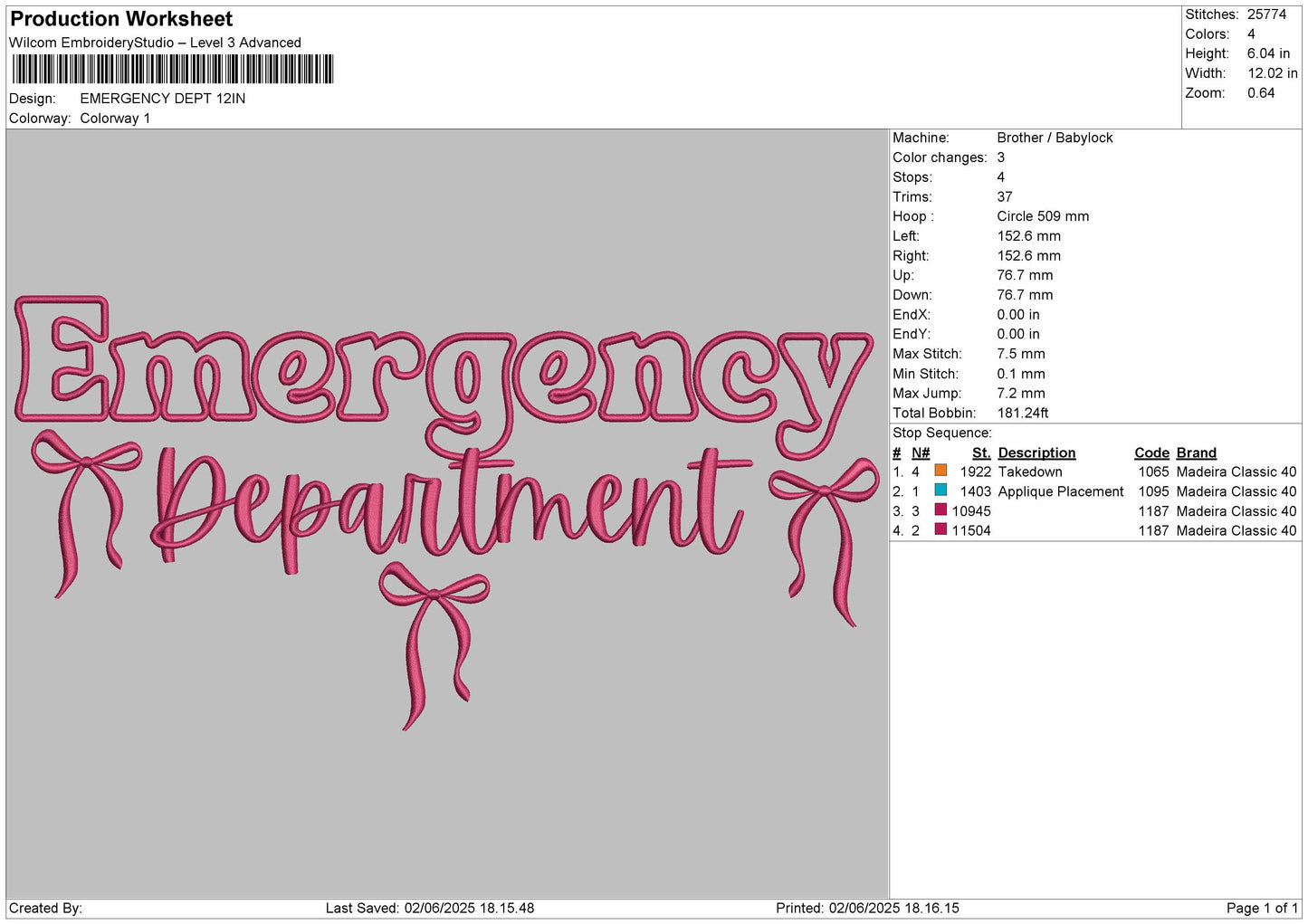 EMERGENCY DEPTARTMENT APPLIQUE  Embroidery Design File