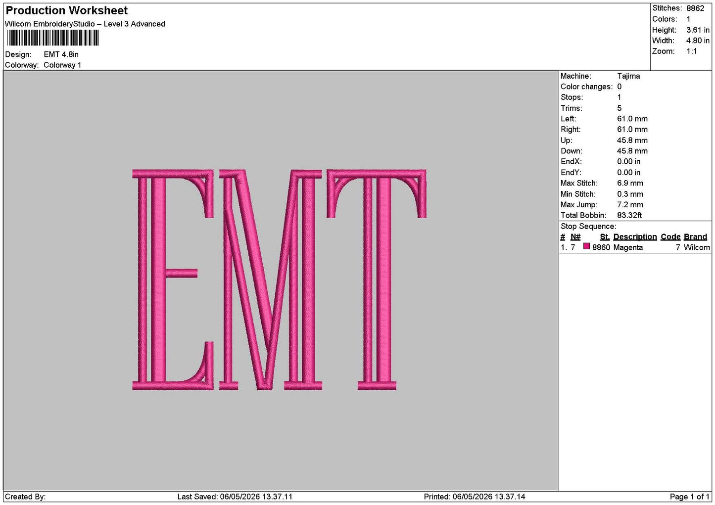 Emt Embroidery File 6 sizes