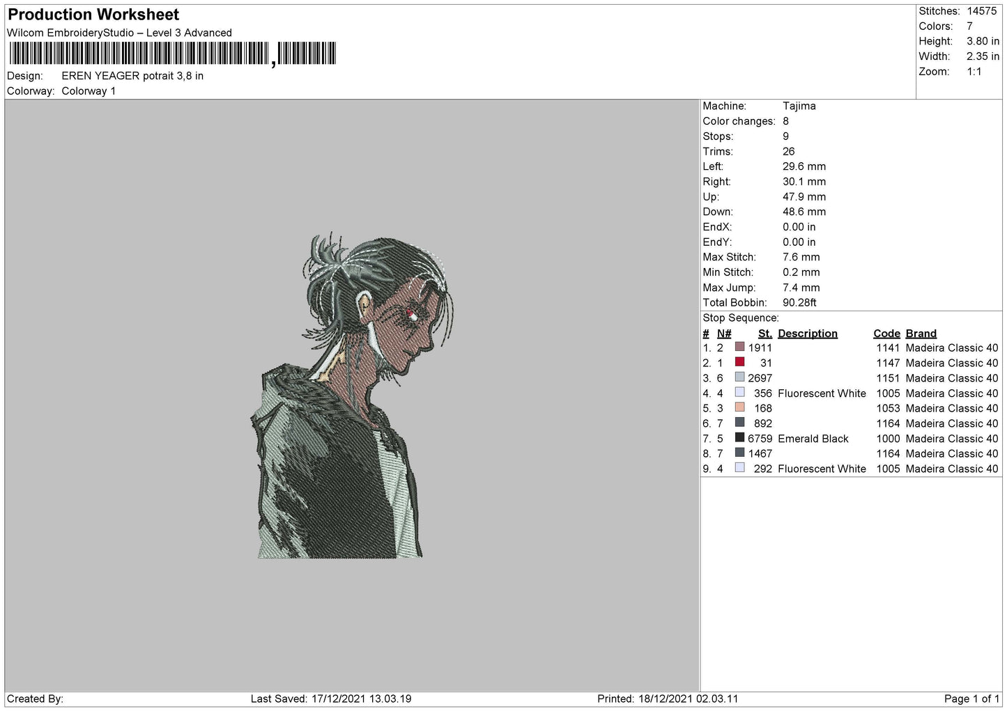 Eren Yeager Potrait Embroidery File 4 size