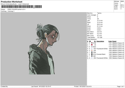 Eren Yeager Potrait Embroidery File 4 size