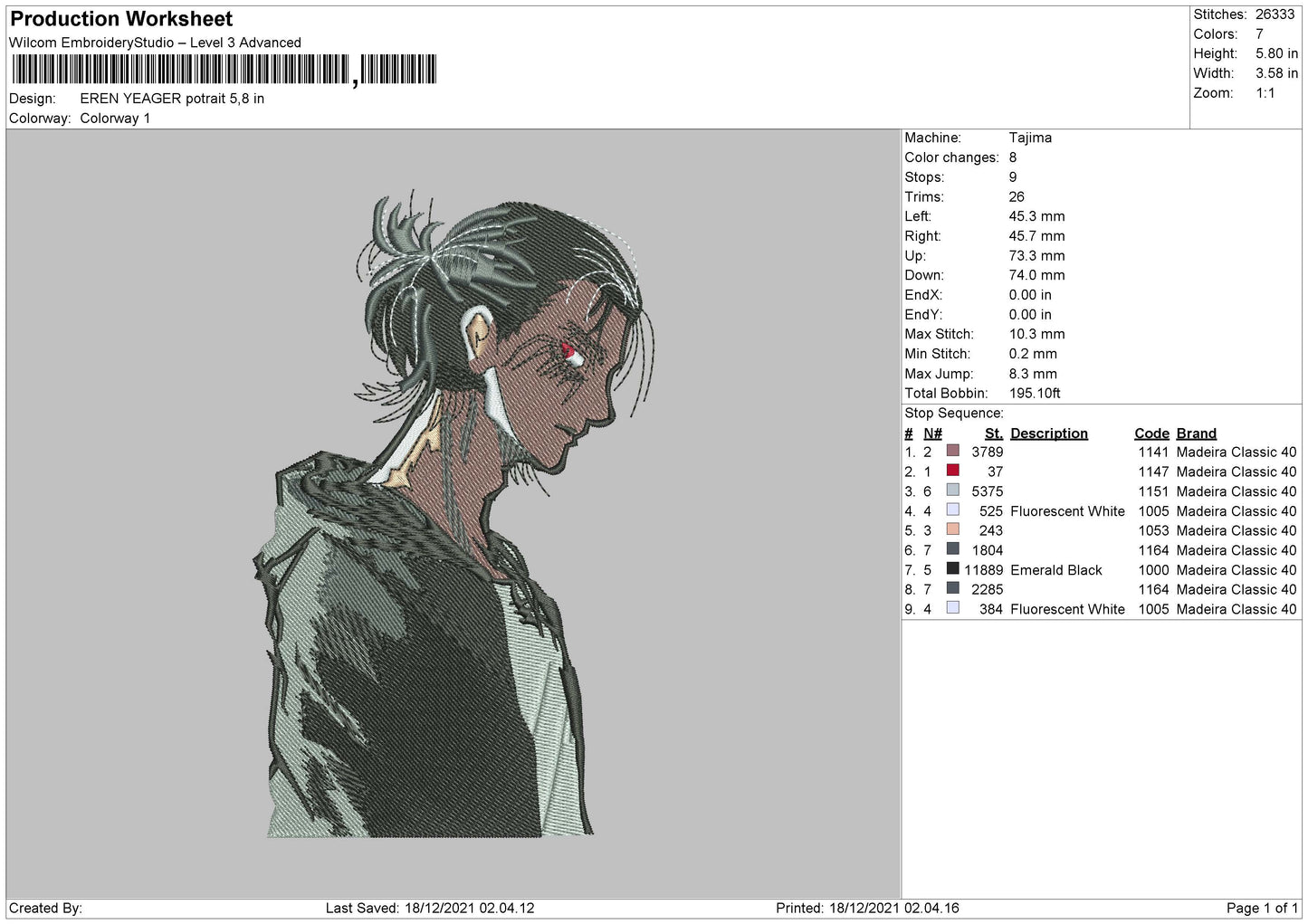 Eren Yeager Potrait Embroidery File 4 size