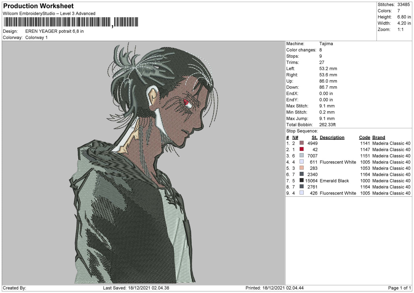 Eren Yeager Potrait Embroidery File 4 size