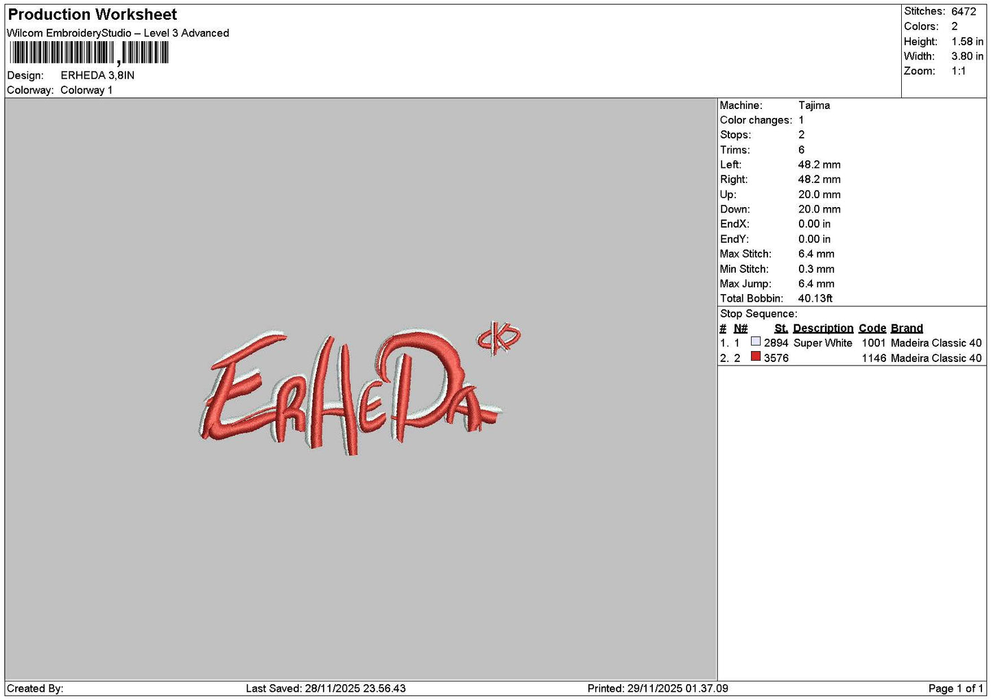 Erhedatext Embroidery File 6 sizes