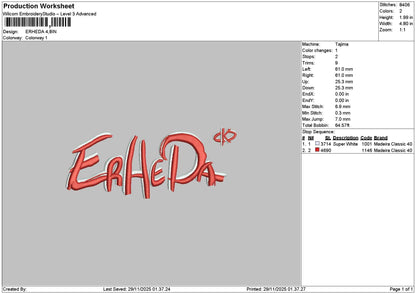 Erhedatext Embroidery File 6 sizes