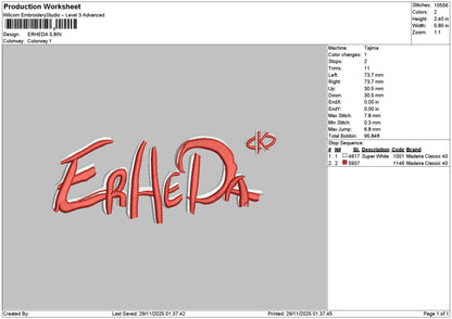 Erhedatext Embroidery File 6 sizes