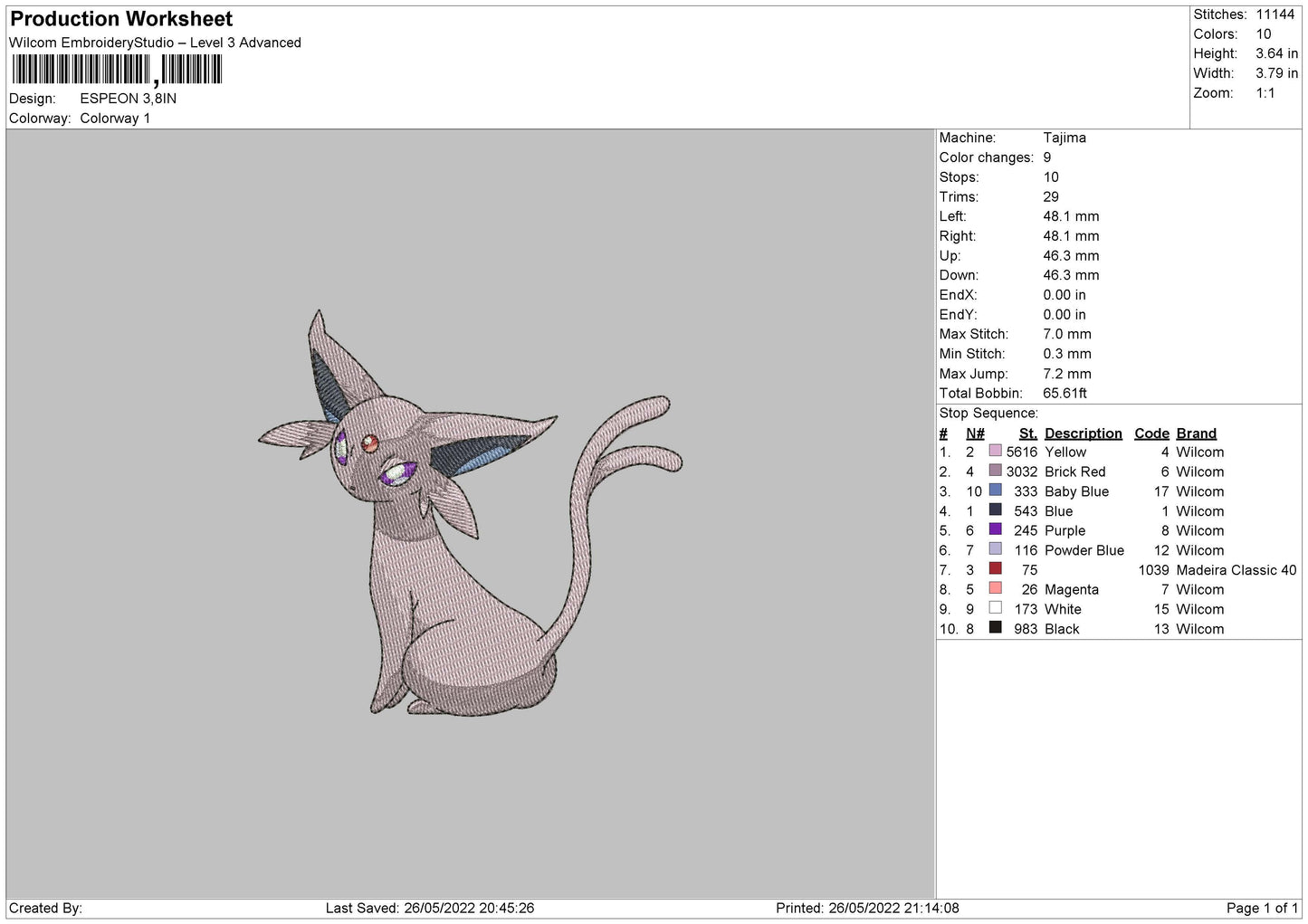 Espeon Embroidery File 4 size