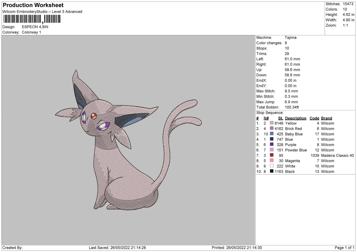 Espeon Embroidery File 4 size