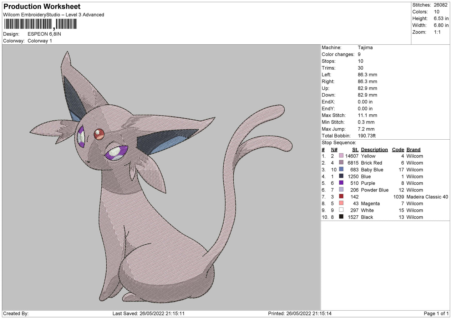 Espeon Embroidery File 4 size