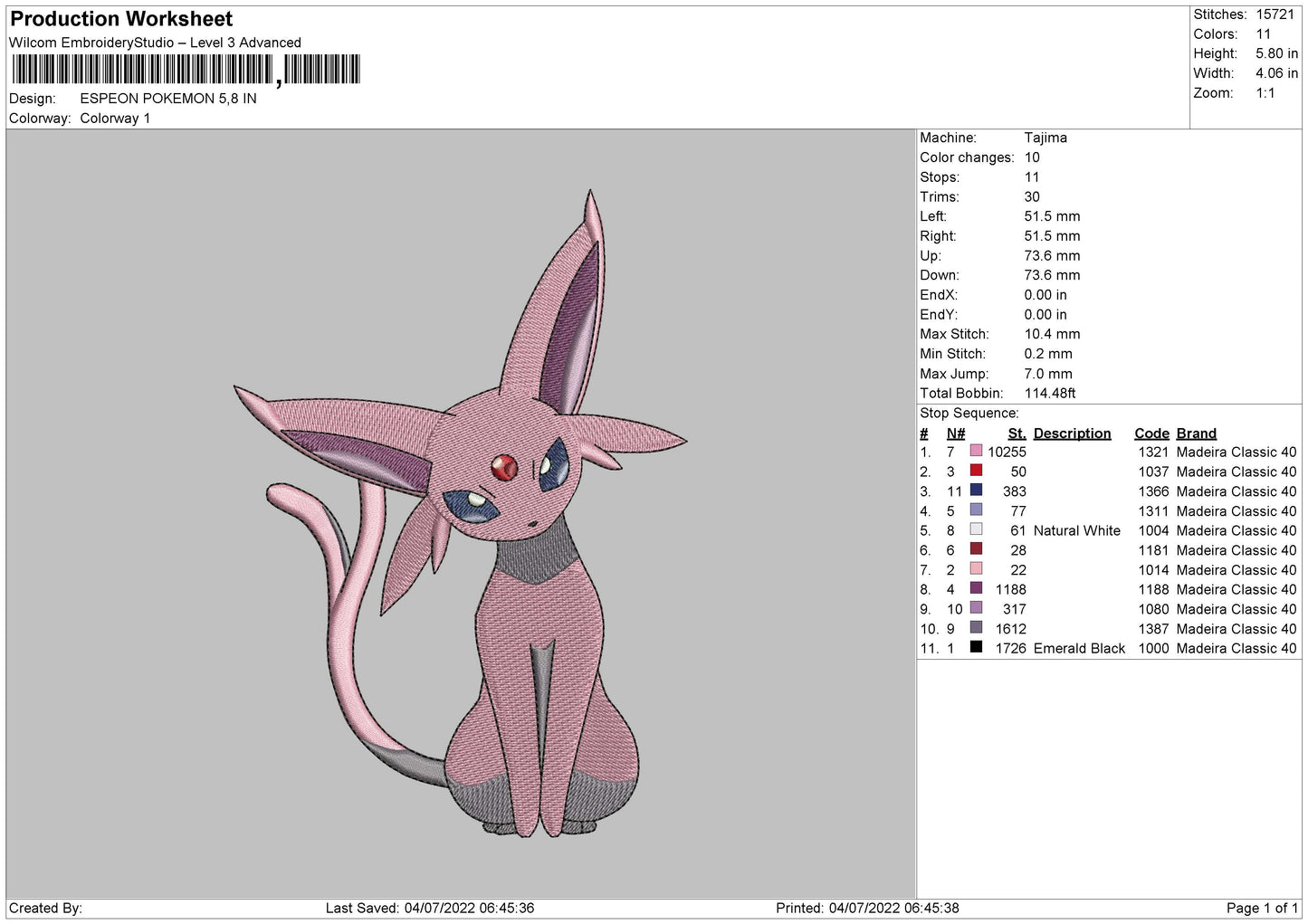 Espeon Pokemon Embroidery File 4 sizes