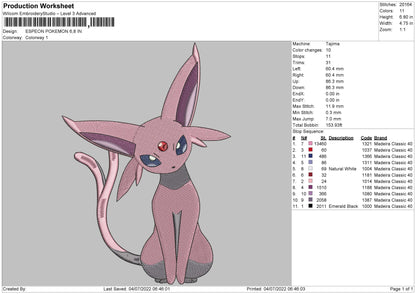 Espeon Pokemon Embroidery File 4 sizes