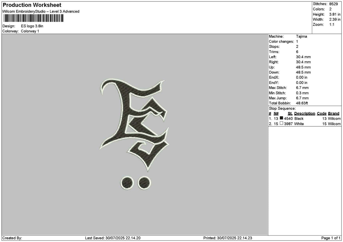 Es Logo 01 Embroidery File 6 sizes