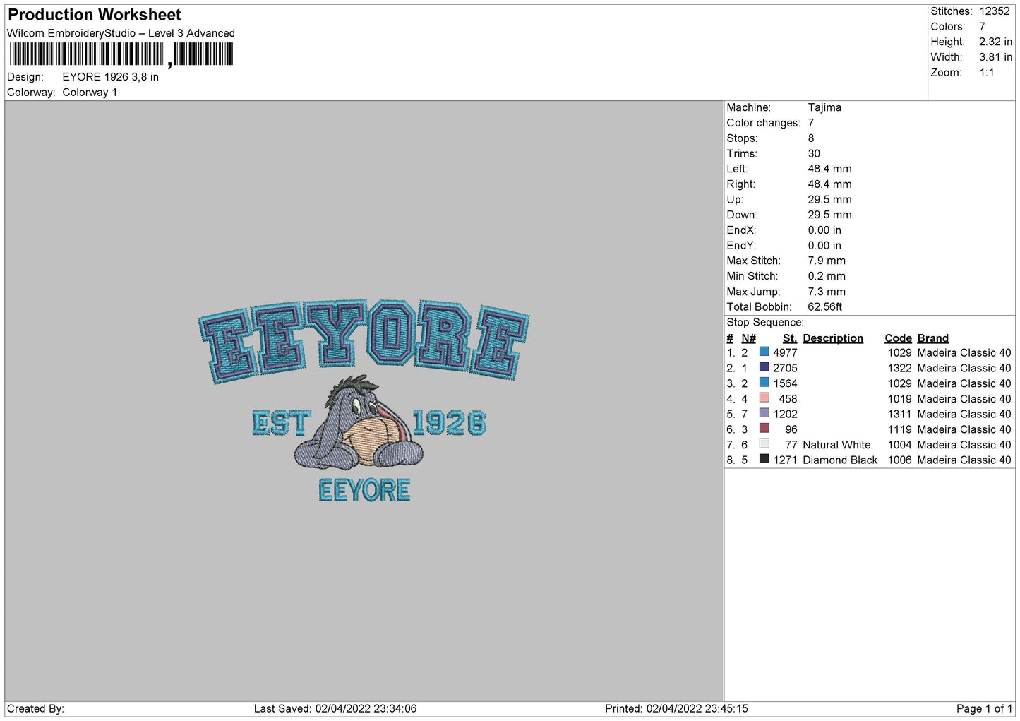 Eeyore 1926 Embroidery File 4 size