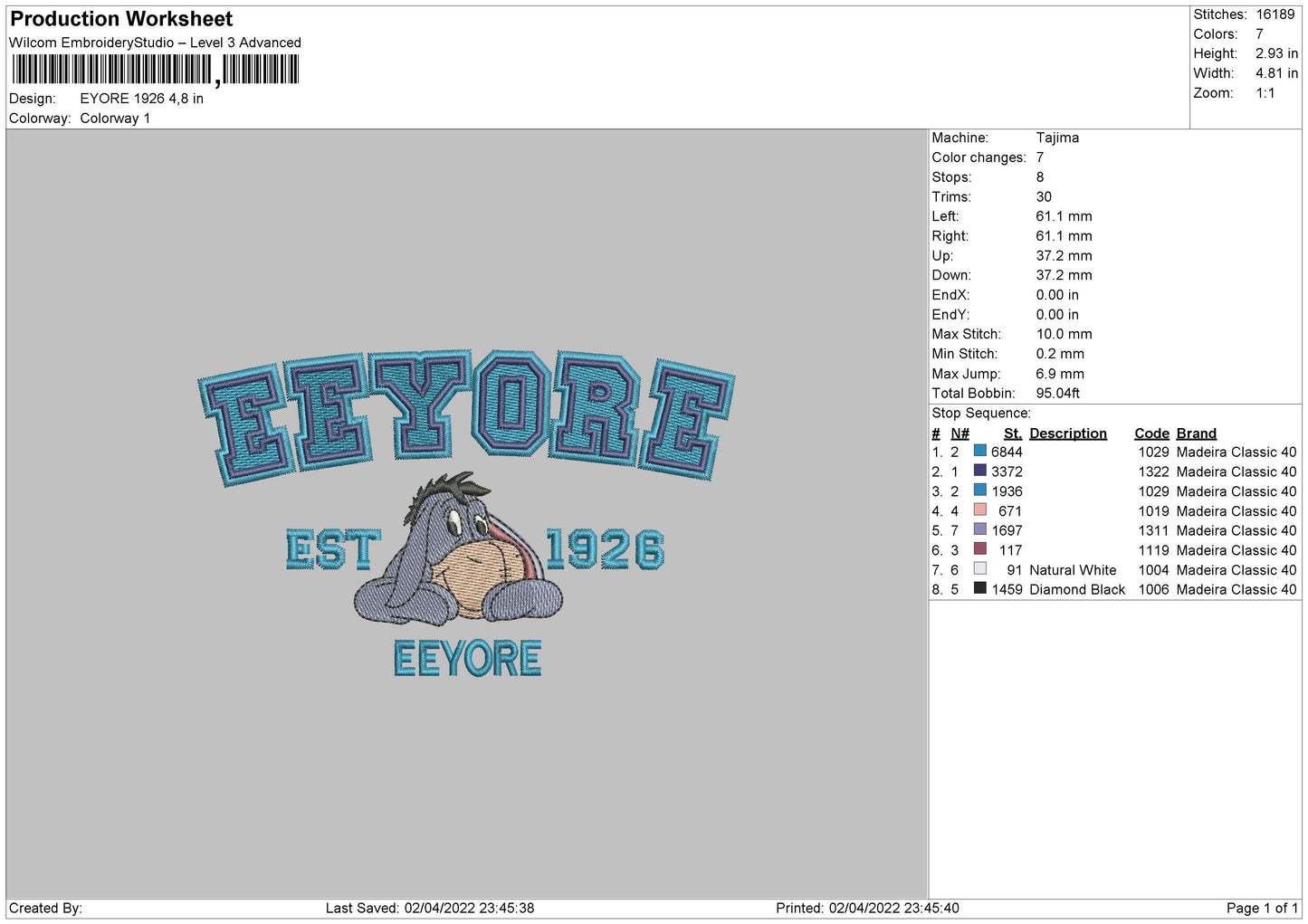 Eeyore 1926 Embroidery File 4 size