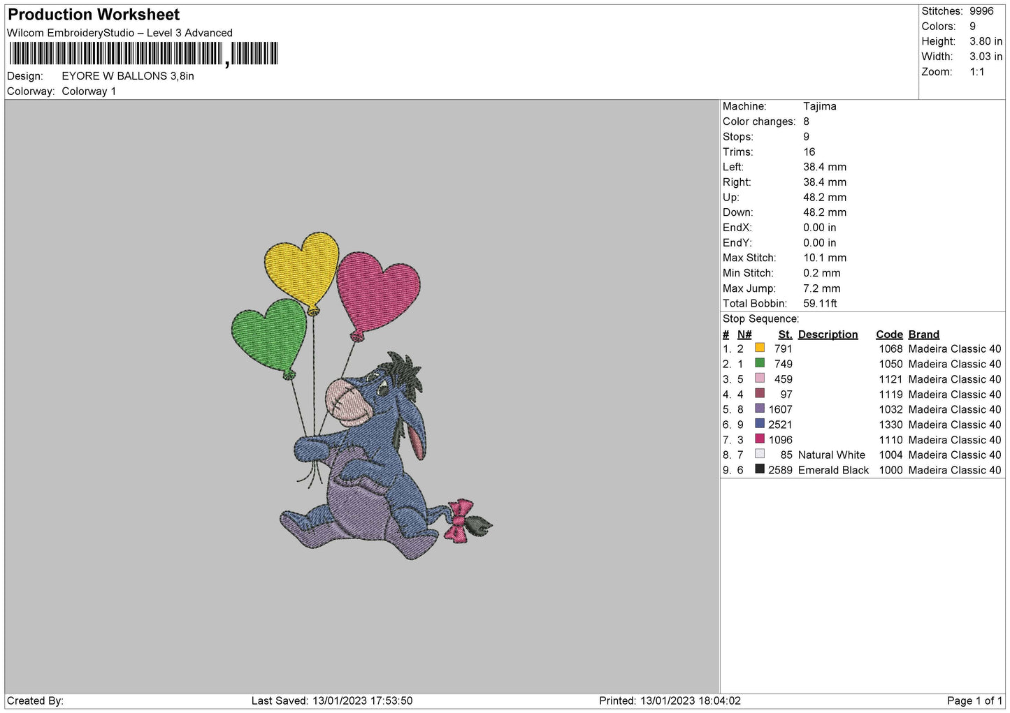Eeyore With Ballons Embroidery File 6 sizes