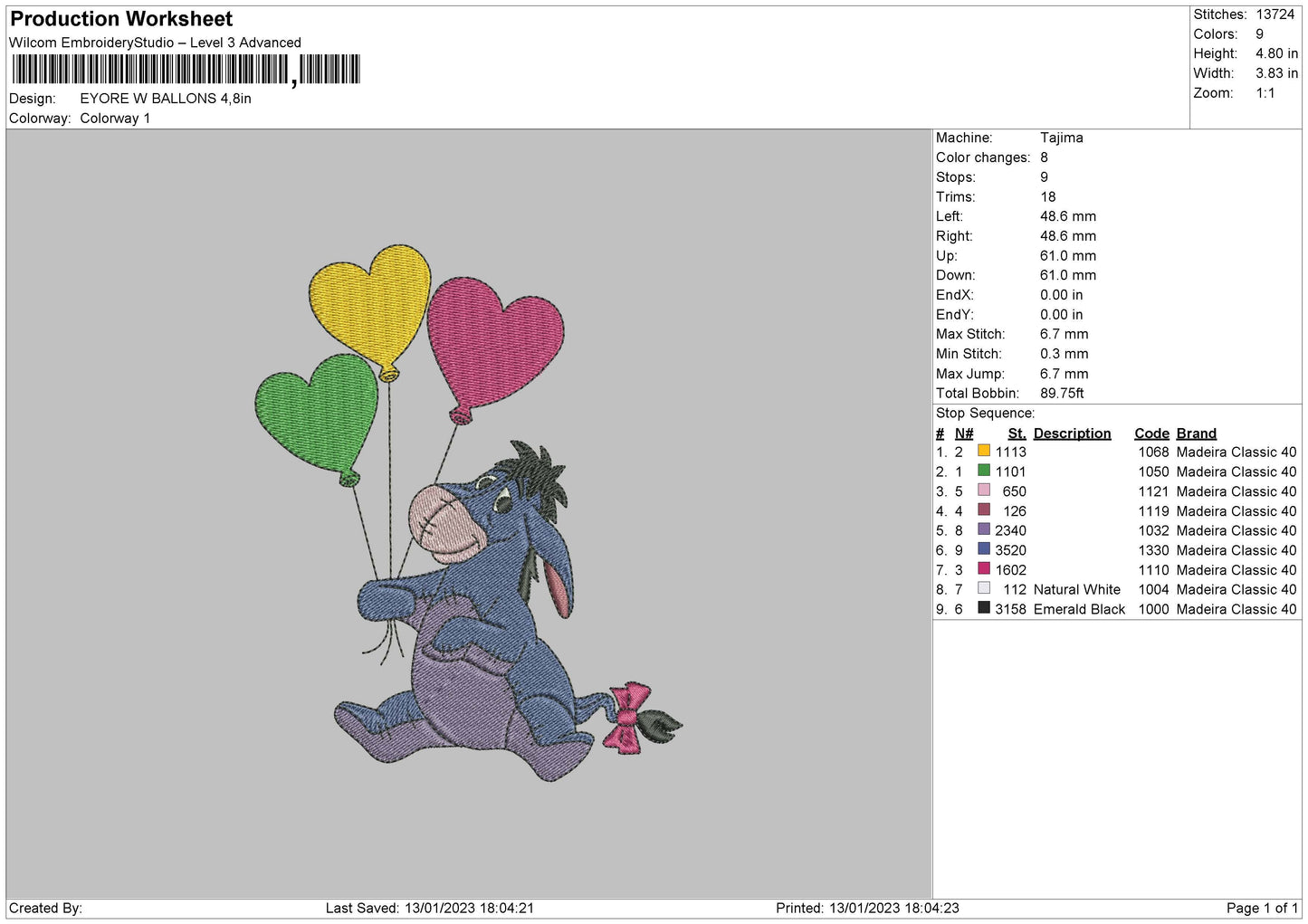 Eeyore With Ballons Embroidery File 6 sizes