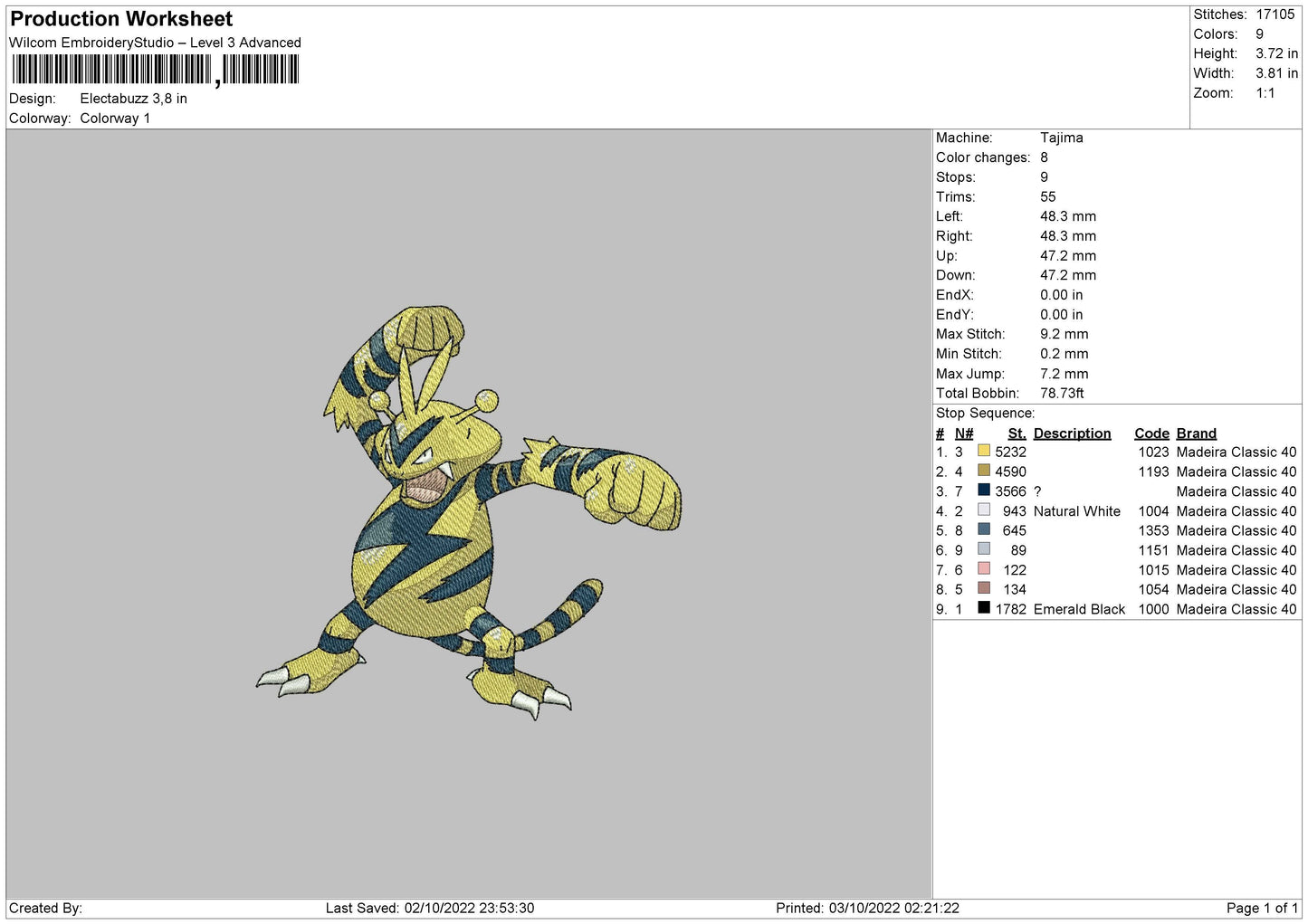 Electabuzz Embroider File 6 sizes