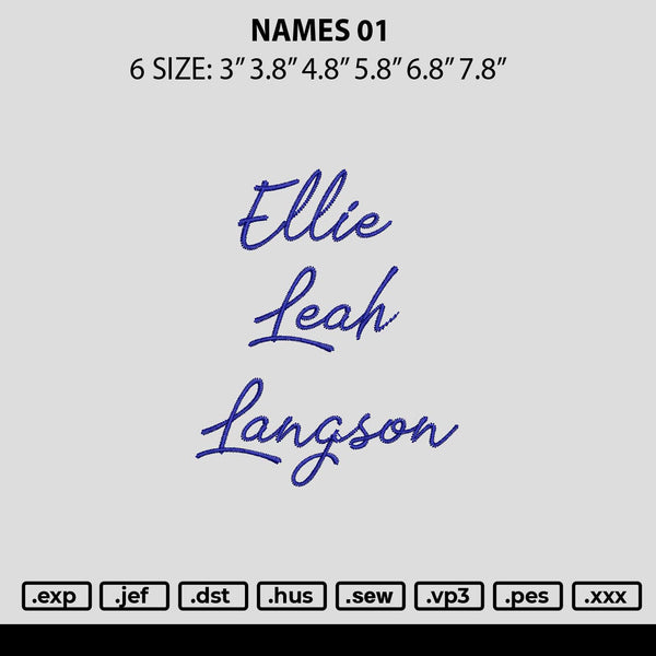 Names 01 Embroidery File 6 sizes