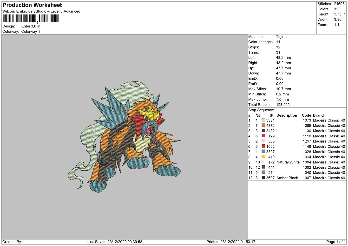 Entei Embroidery File 6 sizes