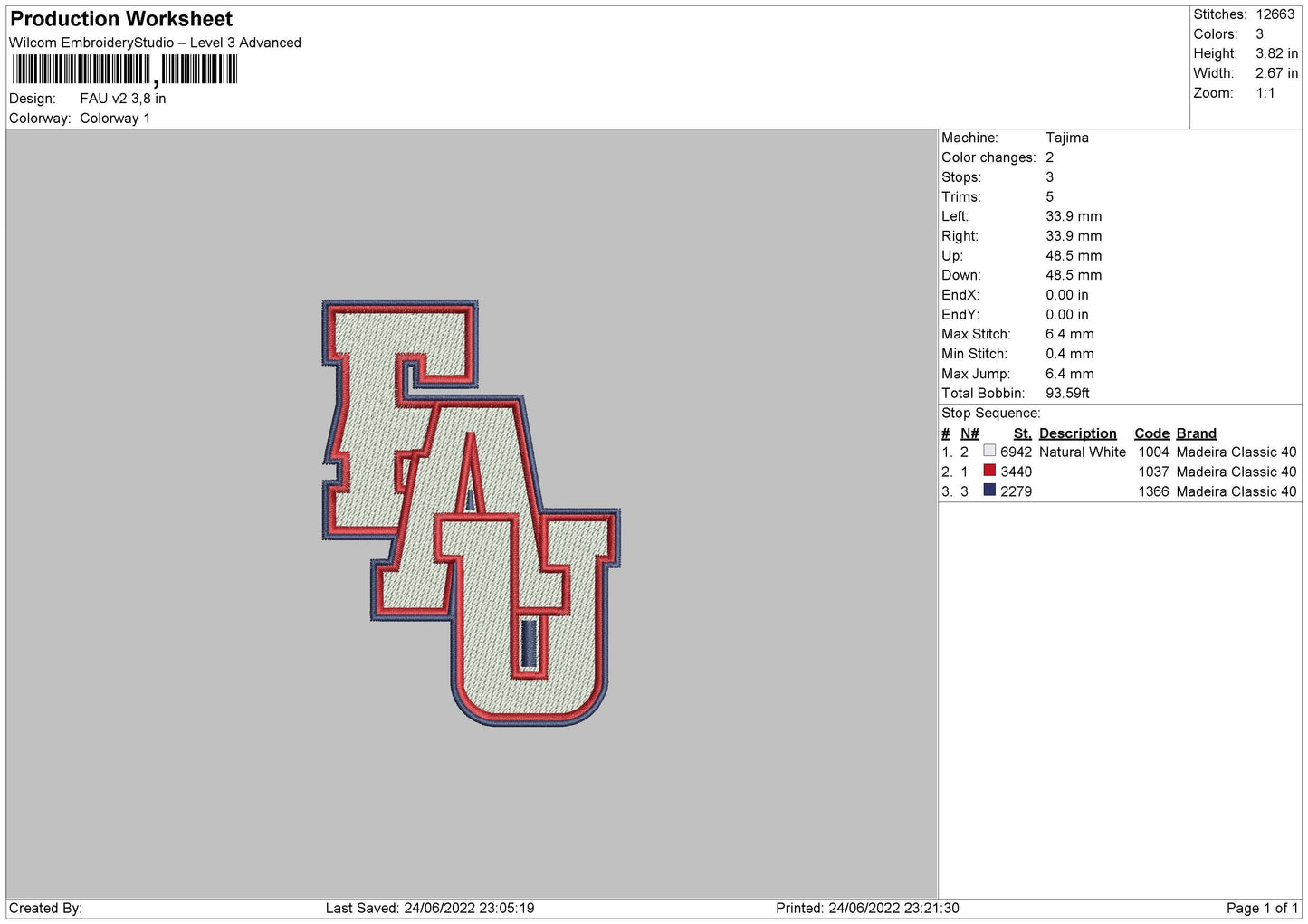 Fau V2 Embroidery File 4 sizes