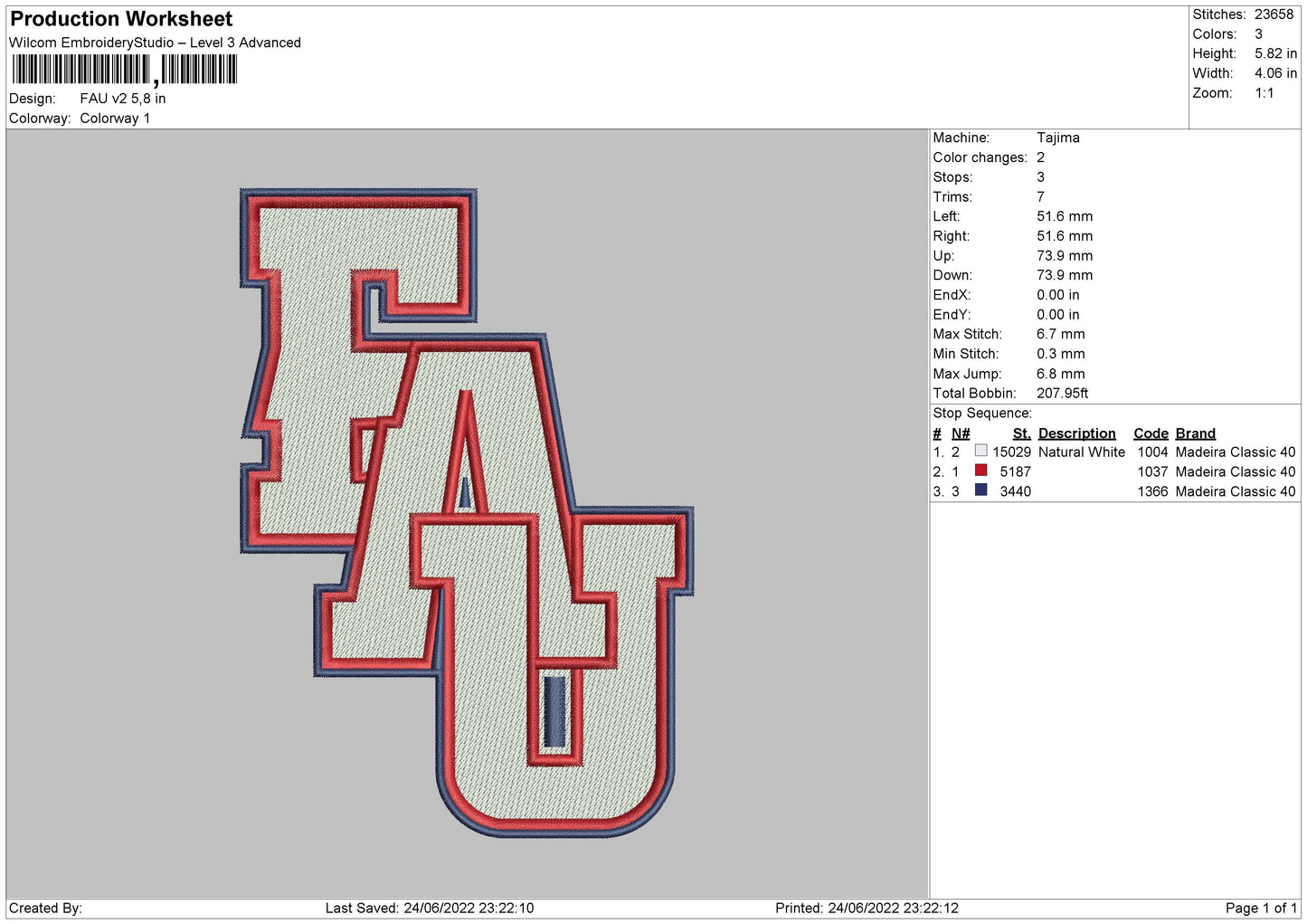 Fau V2 Embroidery File 4 sizes