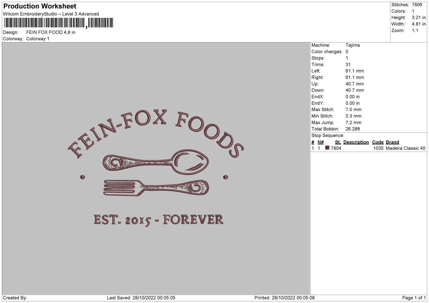 Fein Fox Food Embroidery File 6 sizes