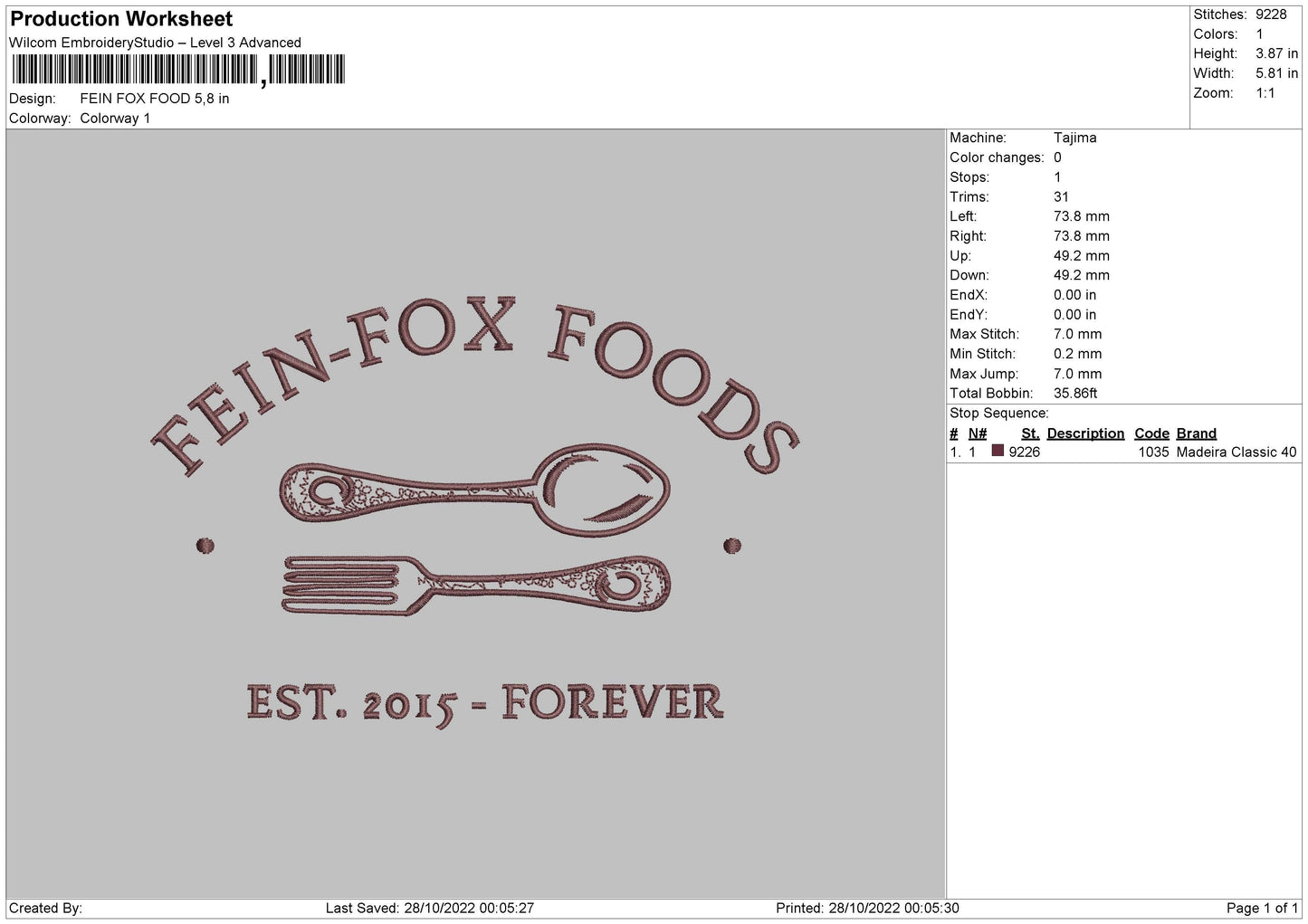 Fein Fox Food Embroidery File 6 sizes