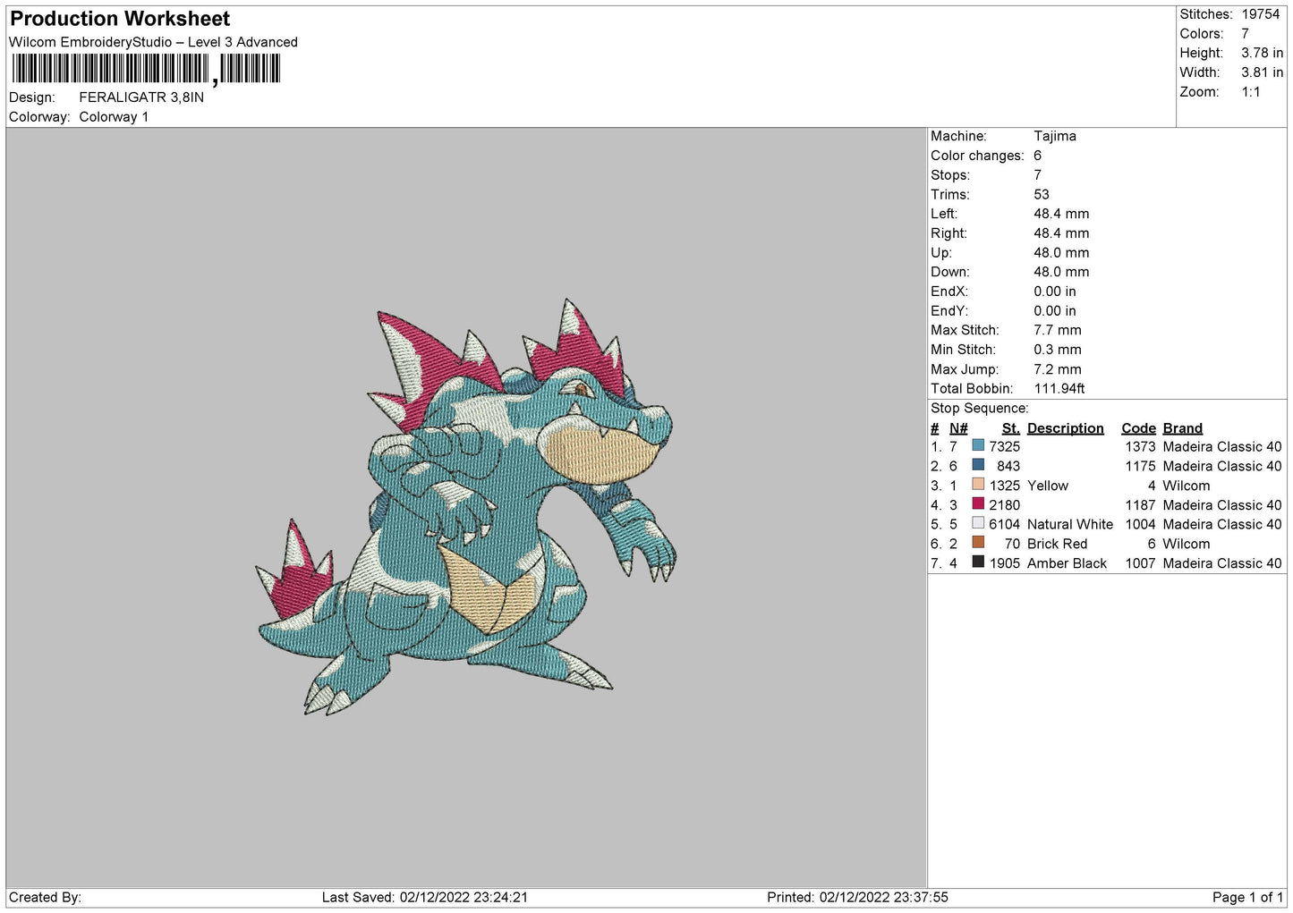 Feraligatr Embroidery File 6 sizes