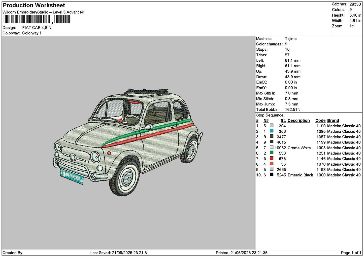 White Car 2105 Embroidery File 6 sizes