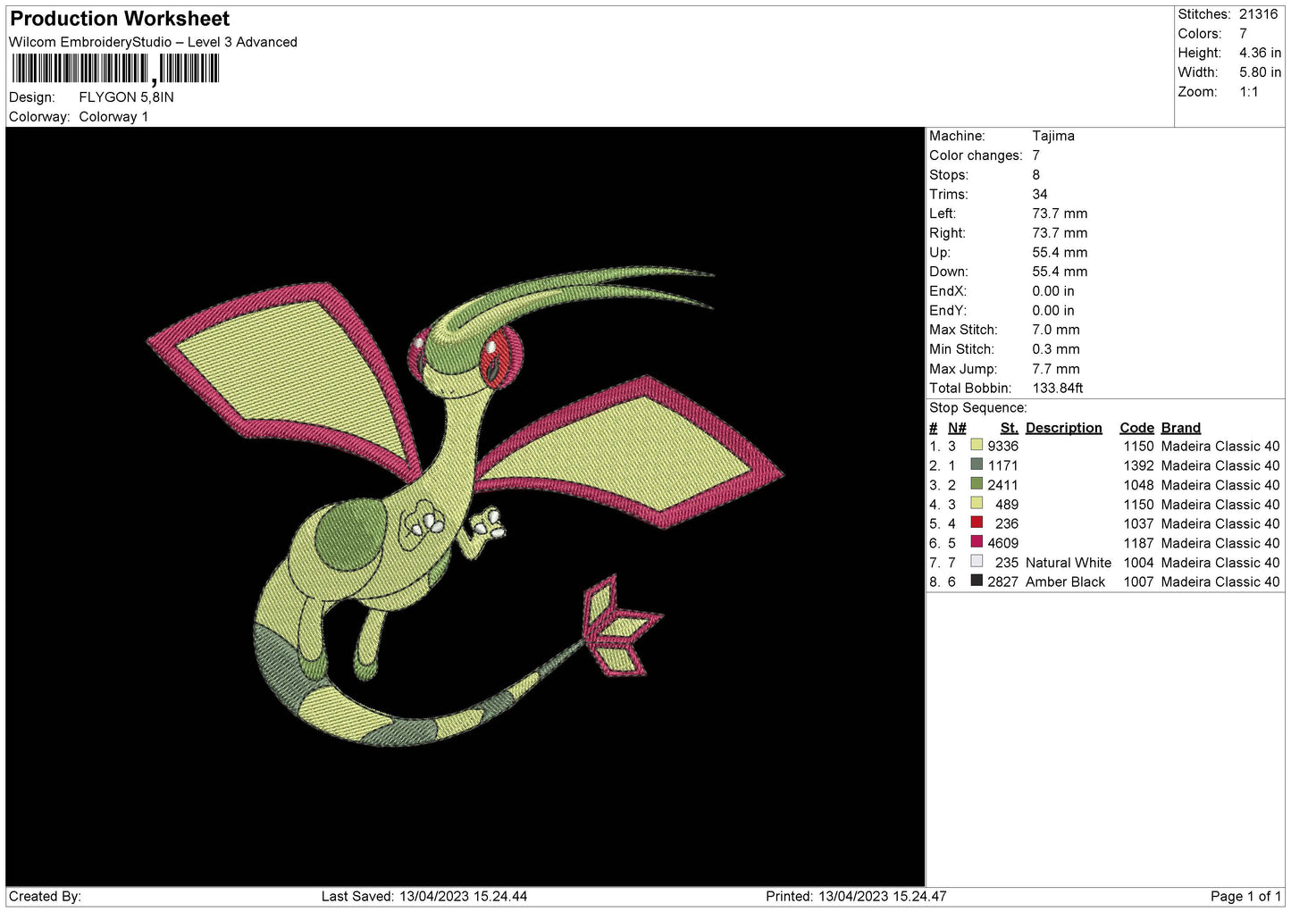 Flygon Embroider File 6 sizes