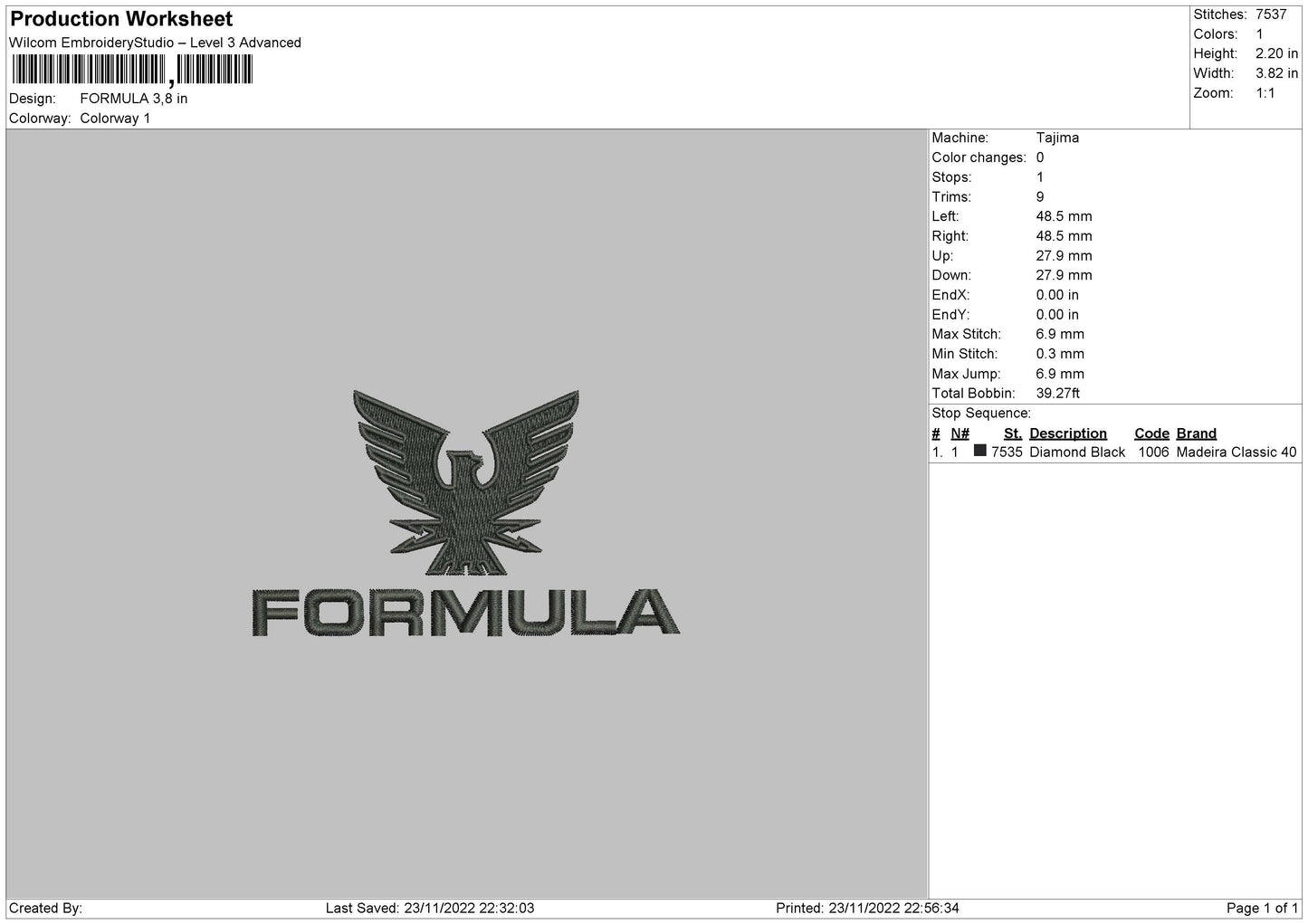 Formula Embroidery File 6 sizes