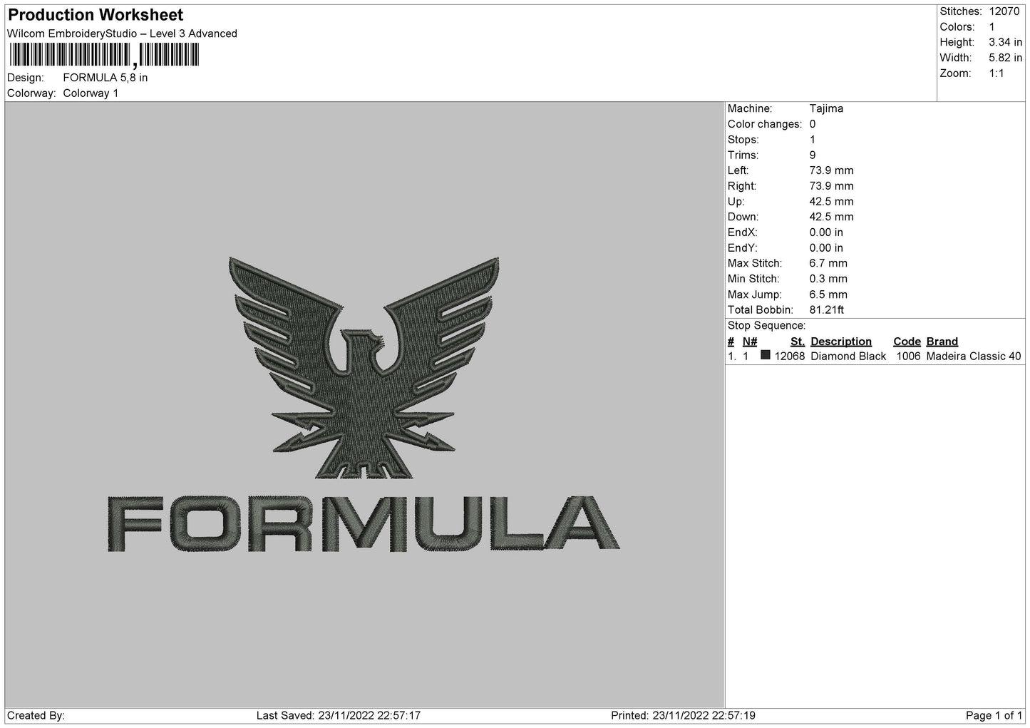Formula Embroidery File 6 sizes