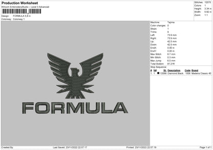 Formula Embroidery File 6 sizes