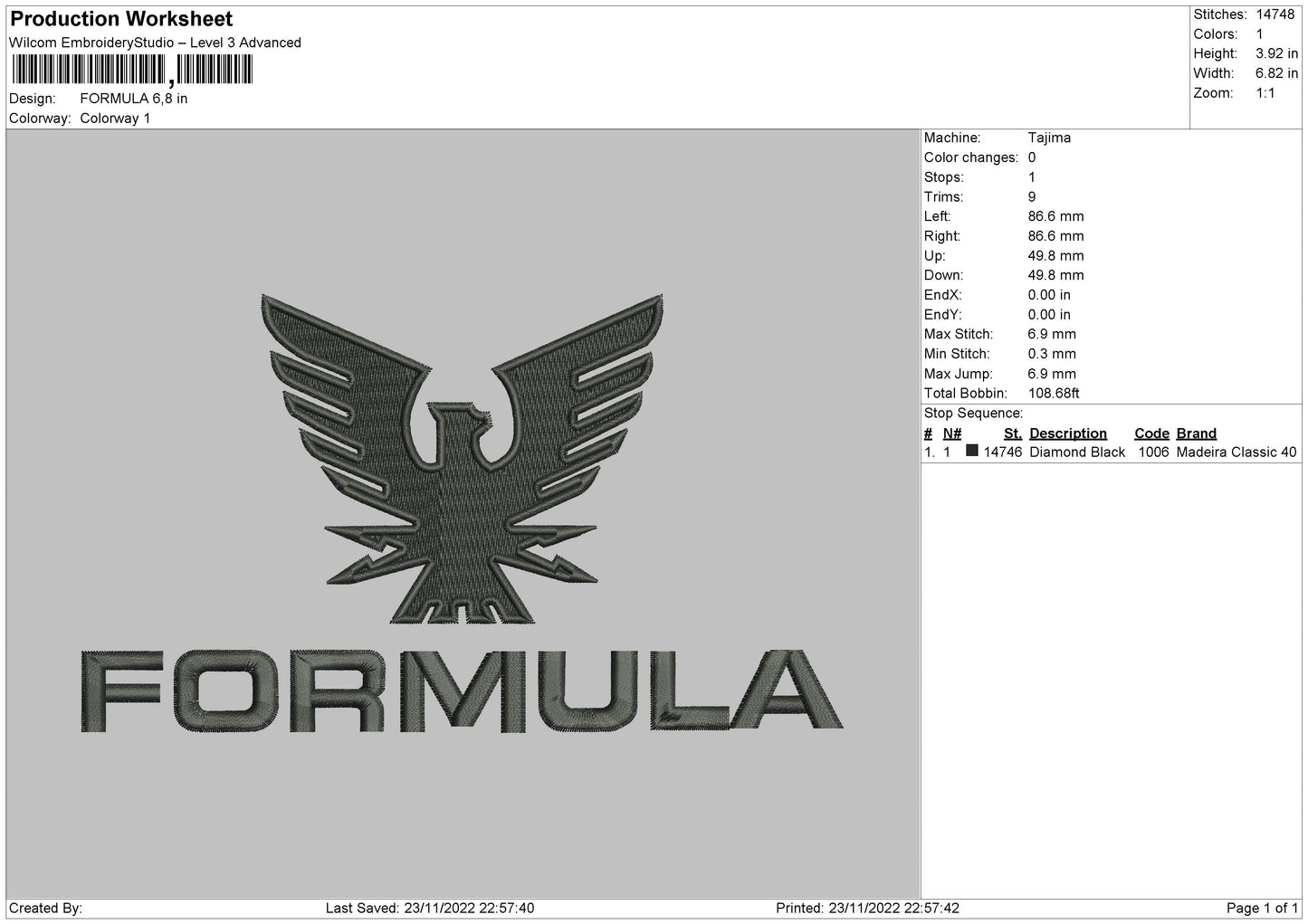Formula Embroidery File 6 sizes