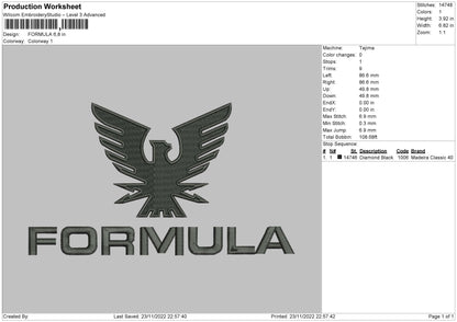 Formula Embroidery File 6 sizes