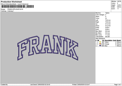 Frank App Embroidery File 6 sizes
