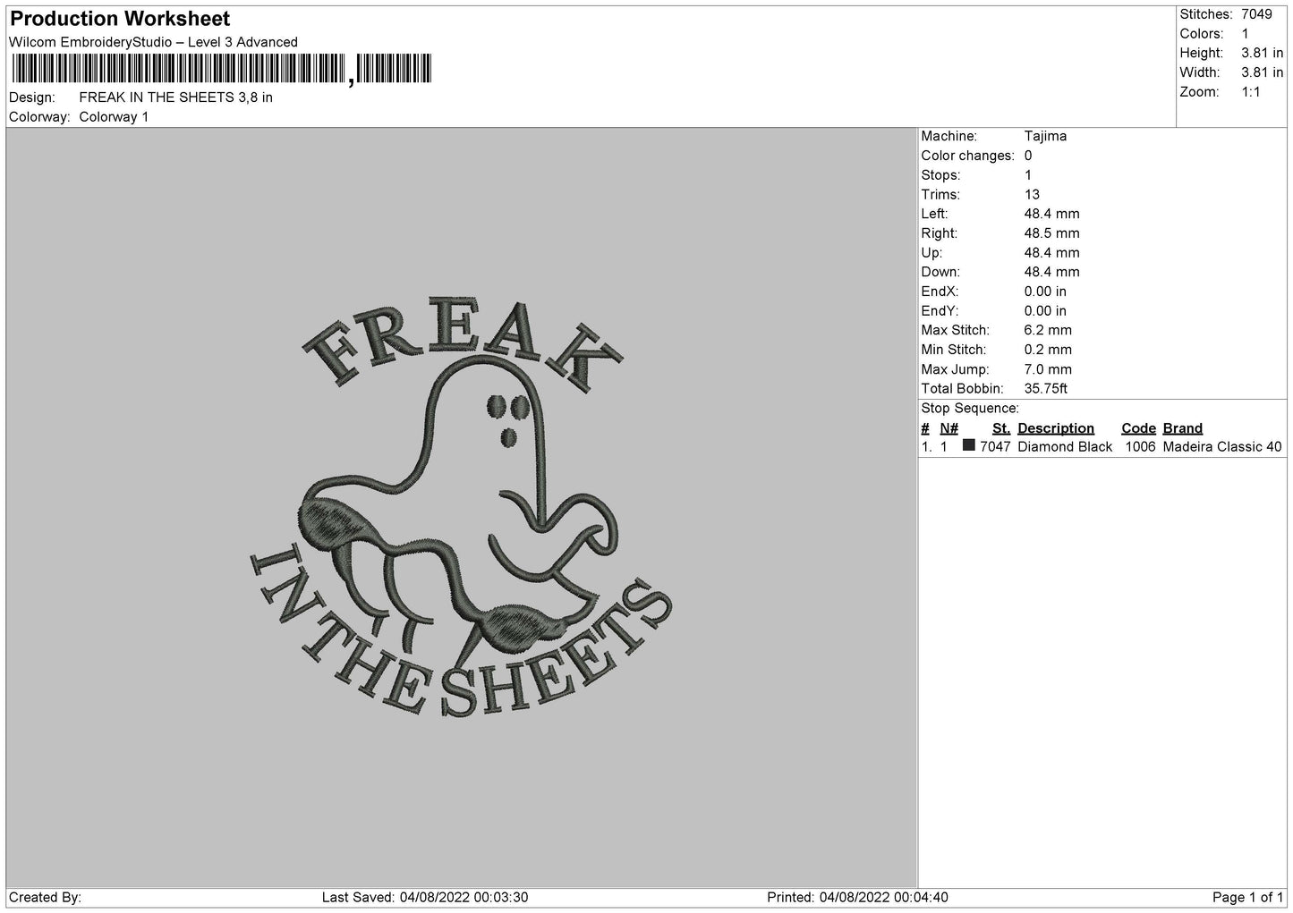 Freak In The Sheets Embroidery File 4 sizes