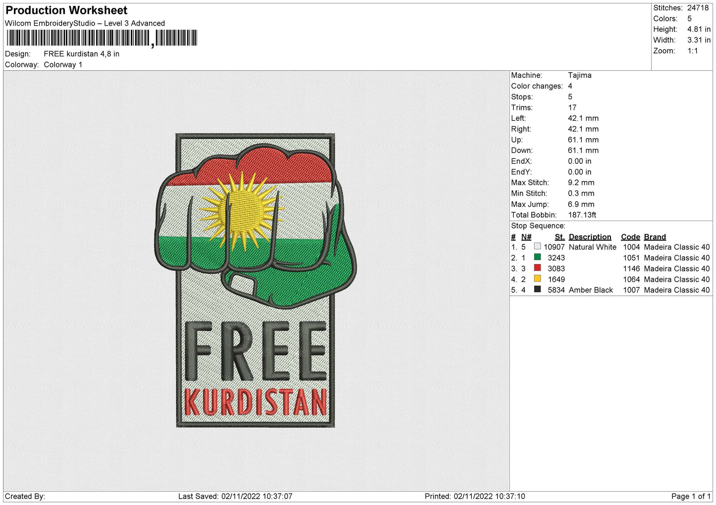 Free Kurdistan Embroidery File 6 sizes