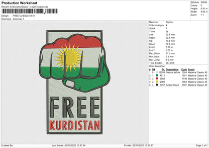 Free Kurdistan Embroidery File 6 sizes