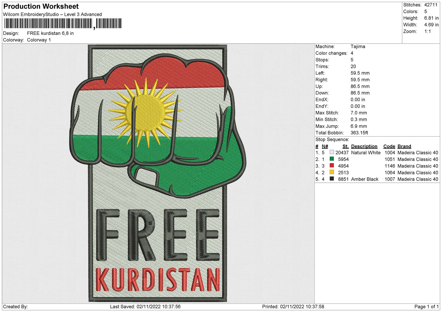 Free Kurdistan Embroidery File 6 sizes