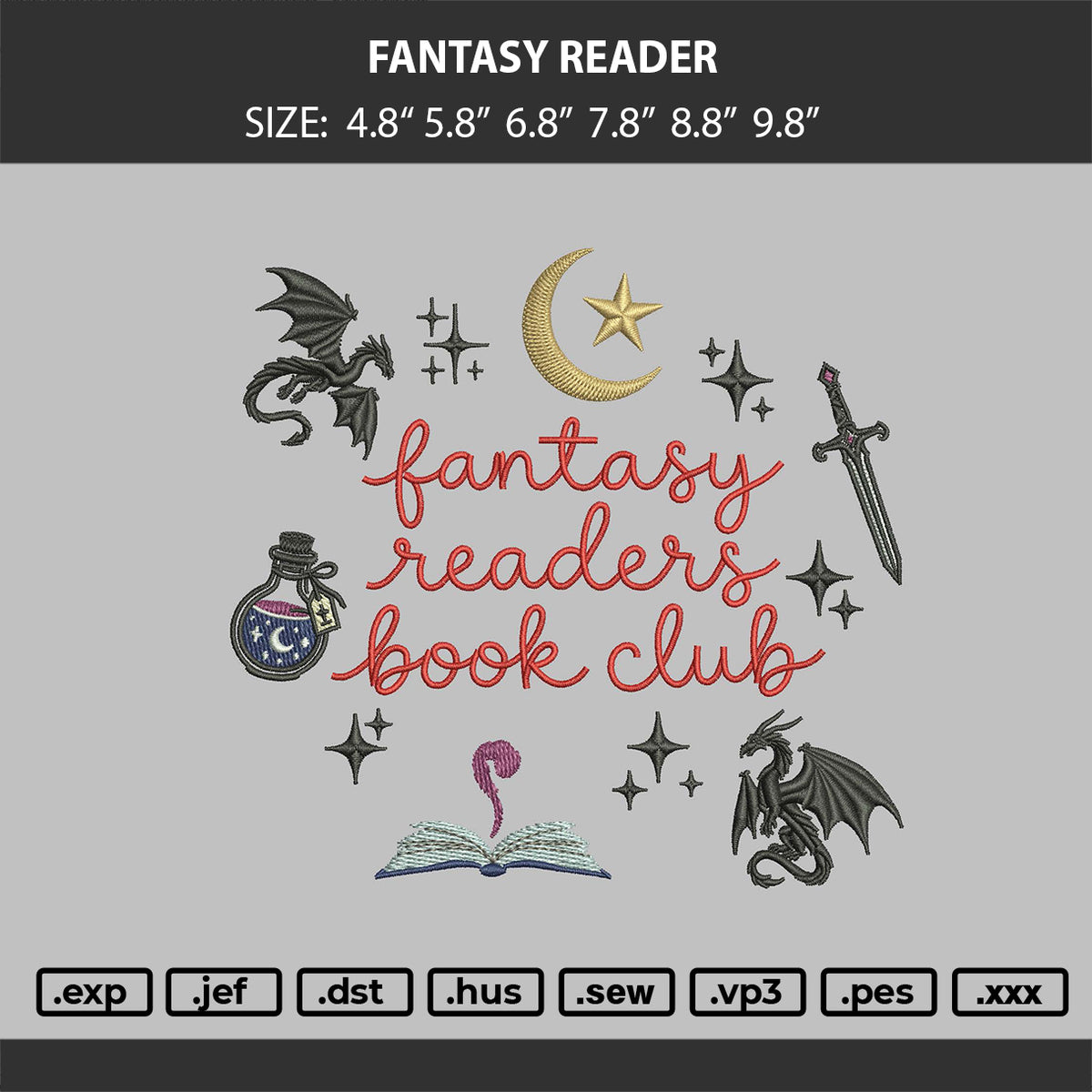 Fantasy Reader Embroidery Machine Design File 6 sizes