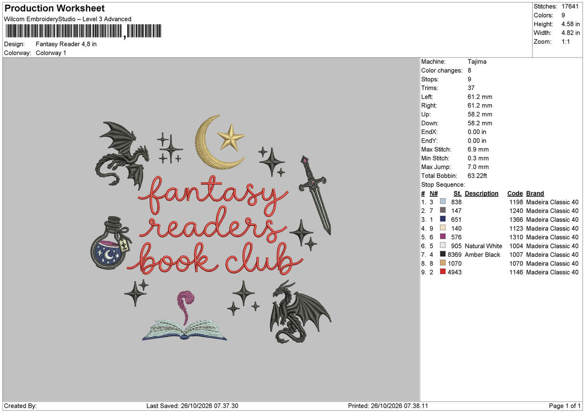 Fantasy Reader Embroidery Machine Design File 6 sizes