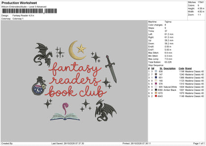 Fantasy Reader Embroidery Machine Design File 6 sizes