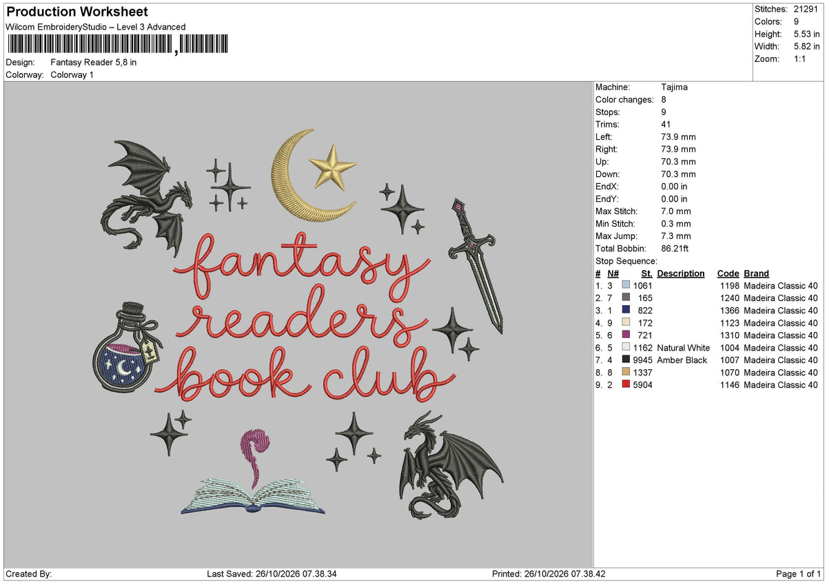 Fantasy Reader Embroidery Machine Design File 6 sizes