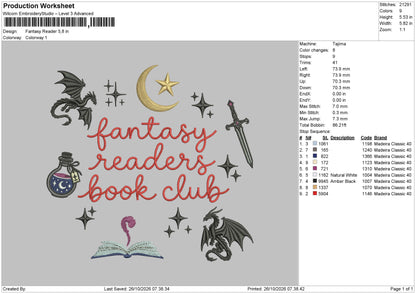 Fantasy Reader Embroidery Machine Design File 6 sizes