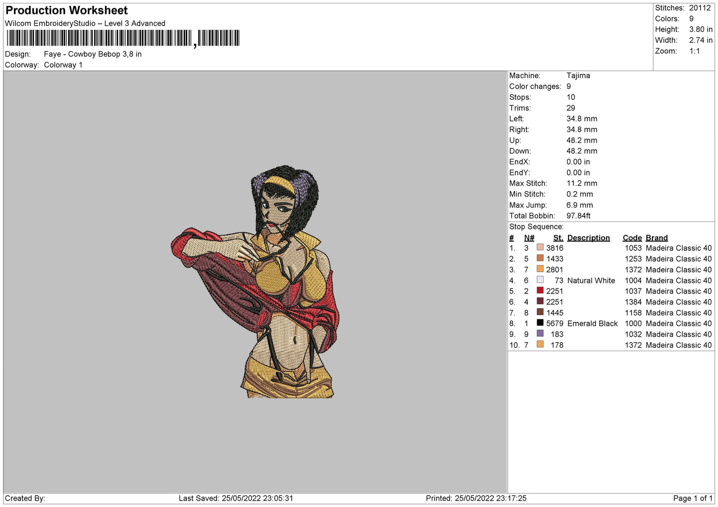 Faye Cowboy Bebop Embroidery File 4 size