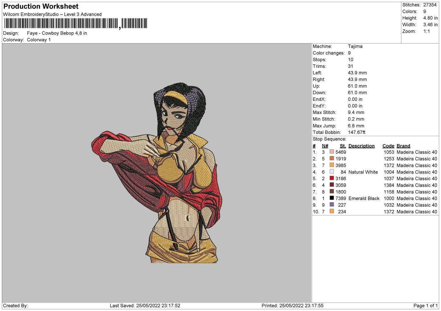 Faye Cowboy Bebop Embroidery File 4 size