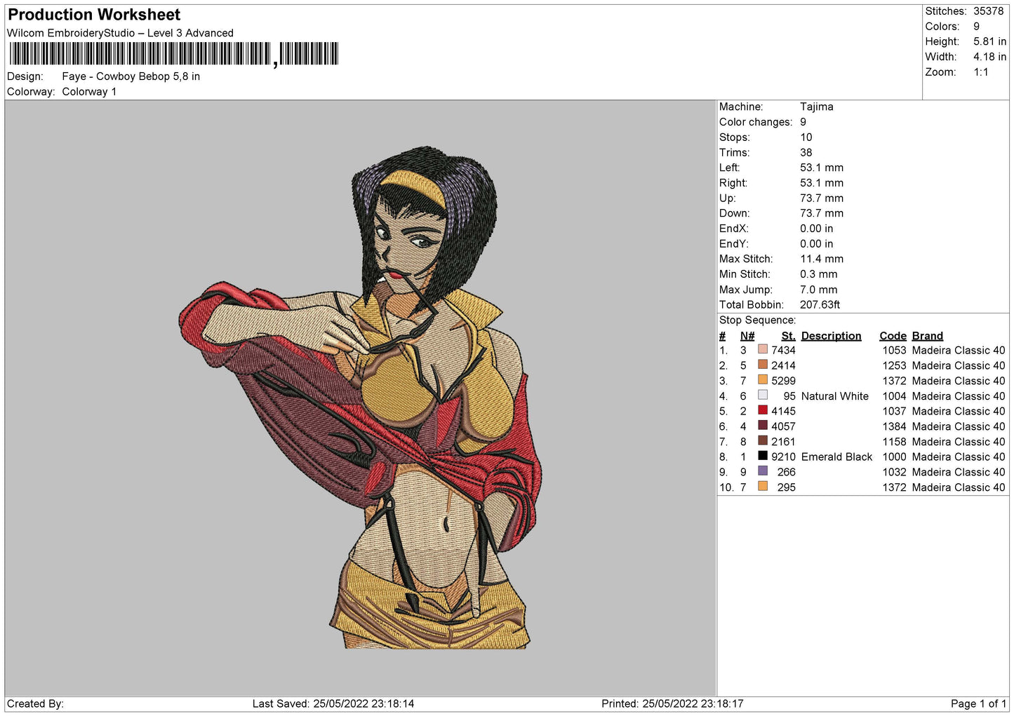 Faye Cowboy Bebop Embroidery File 4 size