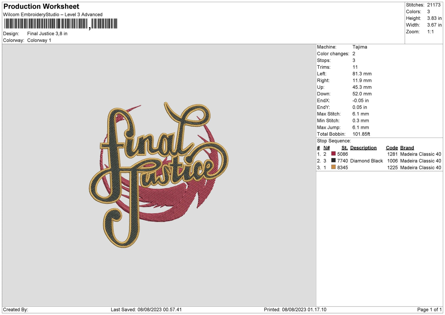 Final Justice Embroidery File 6 sizes