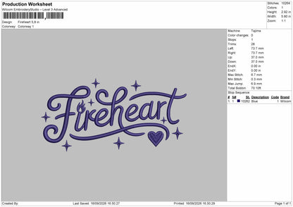 Fireheart Text Embroidery Machine Design File 6 sizes