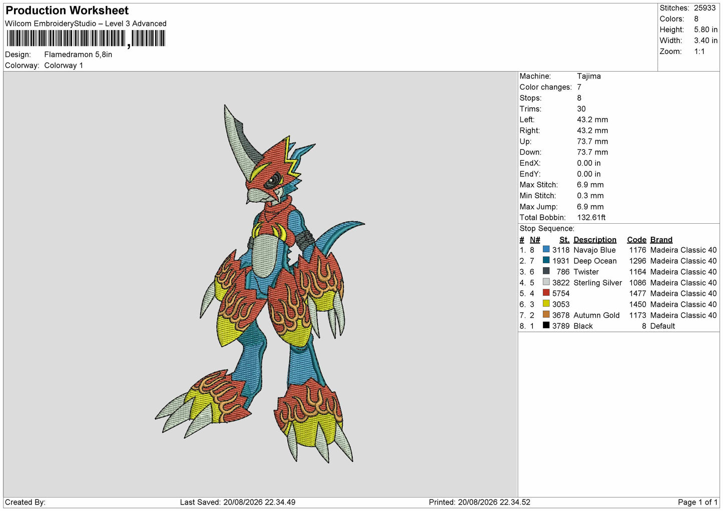 Flamedramon Embroidery Machine Design File 6 sizes